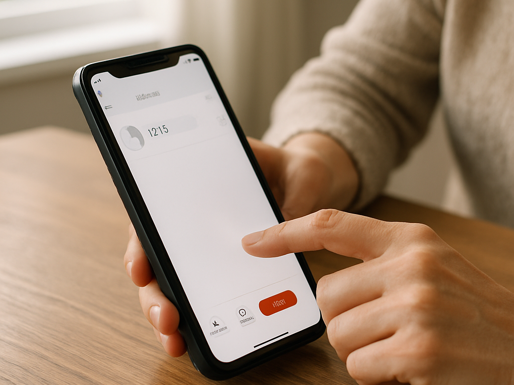 机上のスマートフォンを伏せ、側面スイッチで消音にする手元