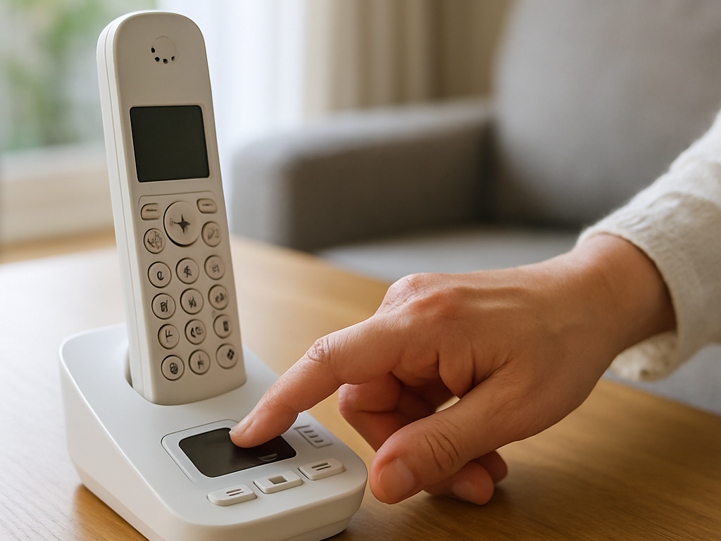 薄暗い室内でスマホを覗き込み、迷惑電話か見極めようと警戒する男性の手元